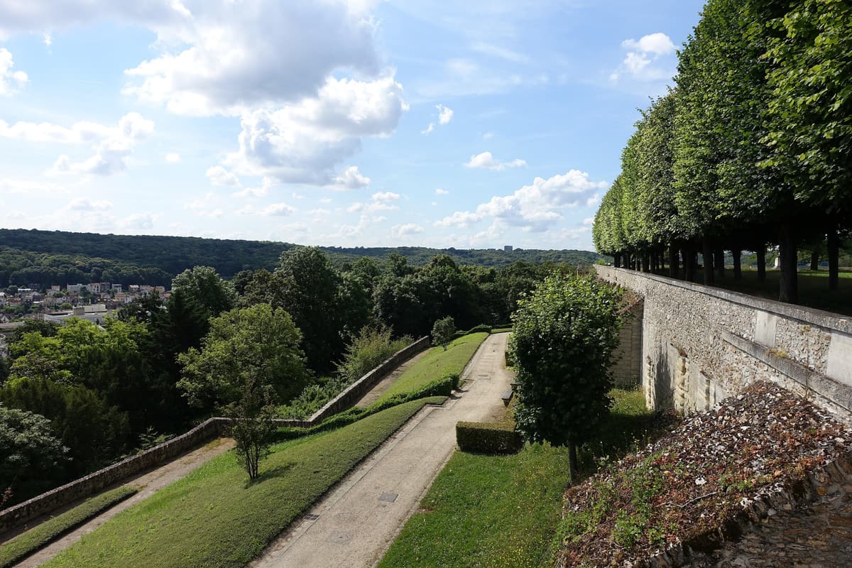 Allée en contrebas d'un haut mur de soutènement en pierre, sous une rangée d'arbres taillés, avec la forêt à l'horizon.